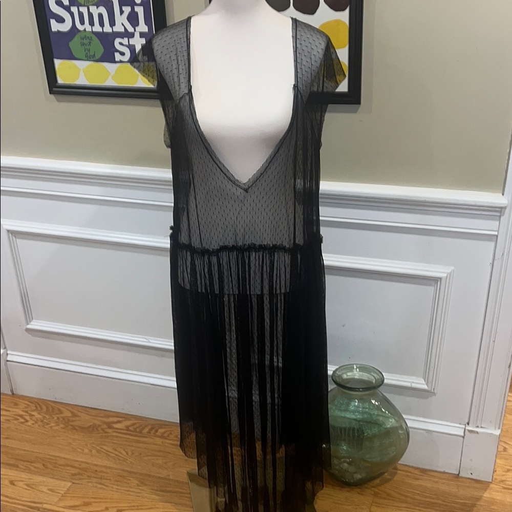 Free People Intimately Deep V Cap Sleeve Black Mesh Dress